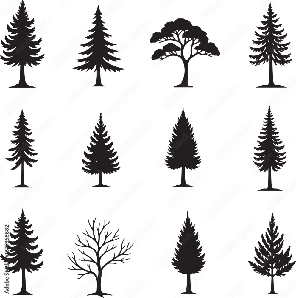Naklejka premium Pine Tree Silhouette Vector BundleEvergreen Tree SVG Clipart SetChristmas Tree Silhouettes for Cricut & Laser Cut