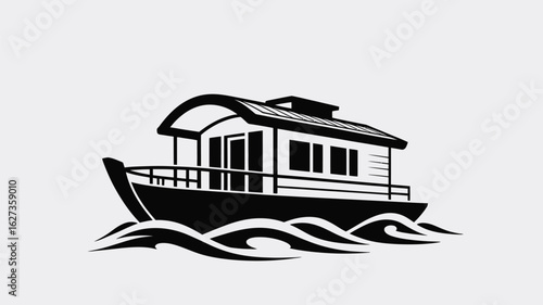 A black and white illustration of a houseboat on water with stylized waves and a simple background