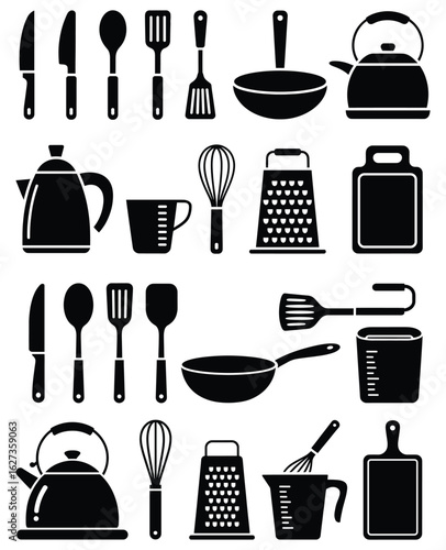 Kitchen Utensils And Appliances Collection With Knives Pans Kettles Graters vector