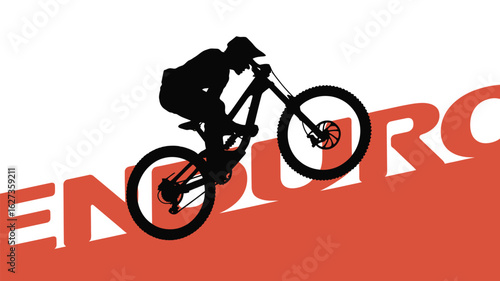 Silhouette of a cyclist on a mountain bike against a white background with the word enduro in red