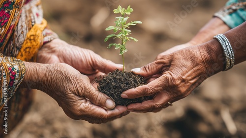 Women leadership and social impact concept, Two hands holding a small plant in soil, symbolizing care and nurturing.