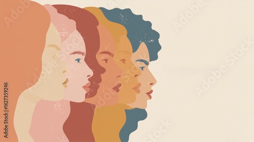 Women leadership and social impact concept, Abstract profile illustrations of diverse women in vibrant colors.