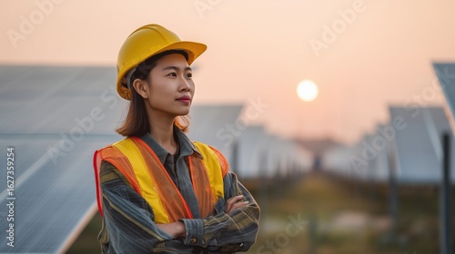 Women leadership and social impact concept, Young engineer in reflective gear at a solar farm at sunset.