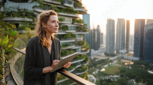 Women leadership and social impact concept, Woman with tablet overlooking a modern cityscape at sunset.