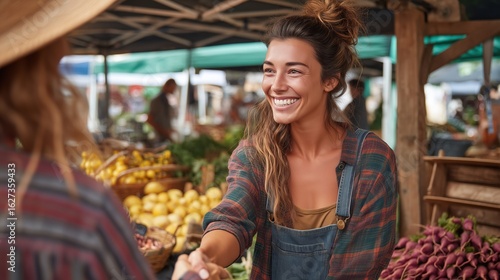 Women leadership and social impact concept, Smiling woman interacting at a vibrant farmers market.