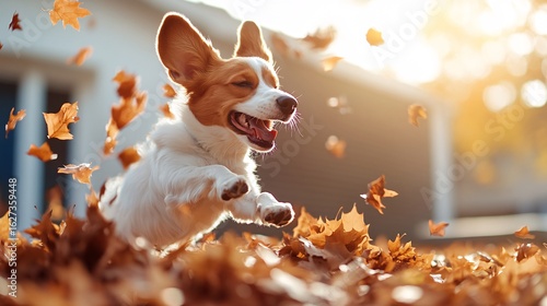 Joyful Dog Jumping into Pile of Leaves with Happy Barks in Autumn
