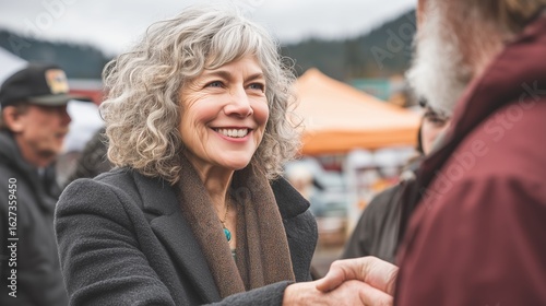 Women leadership and social impact concept, Smiling woman shaking hands in a vibrant outdoor setting.