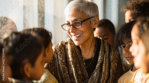 Women leadership and social impact concept, Smiling woman interacts with children in a warm, bright setting.