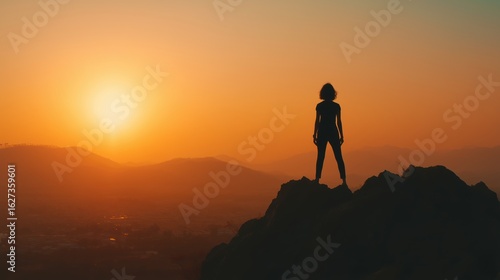 Women leadership and social impact concept, Silhouette of a person standing on rocks against a sunset backdrop.