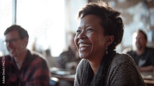 Women leadership and social impact concept, Smiling woman in a classroom with engaged audience in the background.