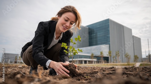 Women leadership and social impact concept, Woman planting a tree in a modern urban environment.