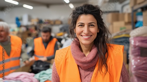 Women leadership and social impact concept, Smiling woman in orange vest with volunteers in a busy donation center.