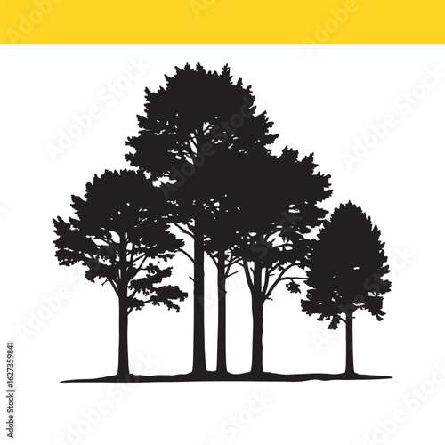 A simple black silhouette of a small grove of mixed pine and deciduous trees, isolated on a white background, representing nature.