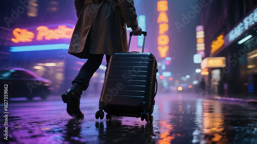 A faceless person in a stylish trench coat confidently pulls a premium hardshell suitcase through a rain-slicked, neon-lit city street at night, creating dynamic reflections