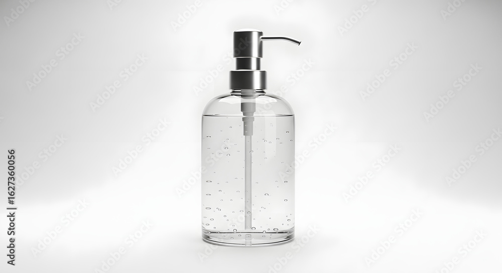 Naklejka premium A clear, transparent liquid soap dispenser with a silver pump against a white background.