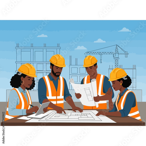 A team of four African American construction engineers collaborates on blueprints at a building site, reviewing plans and discussing project details together.