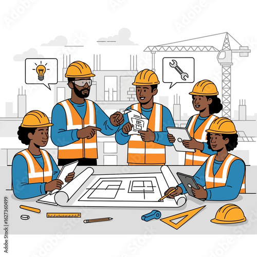 Diverse construction team collaborates on blueprints at a busy building site with cranes and scaffolding in the background.