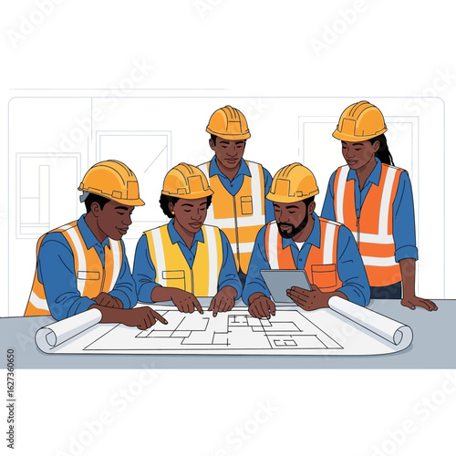 A diverse team of construction professionals wearing hard hats and safety vests collaboratively reviews architectural blueprints, discussing project plans.