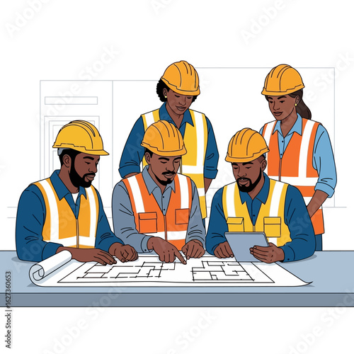 A team of five diverse architects and engineers collaborates on a construction project, reviewing blueprints and using a tablet for digital design and planning.