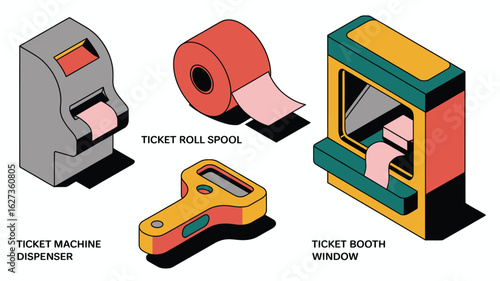 Isometric view of ticket machine dispenser, roll spool, key and ticket booth window illustration