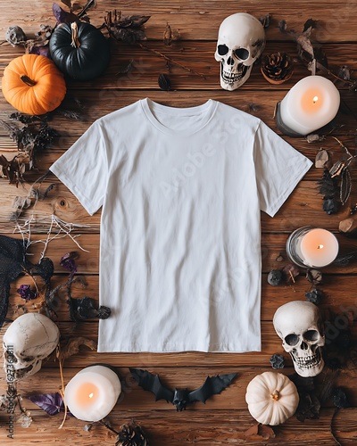 Halloween flat lay mockup, white shirt lying on wooden surface, decorated with skulls, candles, and bats