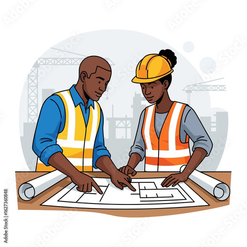 Two African American architects in hard hats review blueprints at a construction site, collaborating on a building project against a backdrop of cranes and a cityscape.
