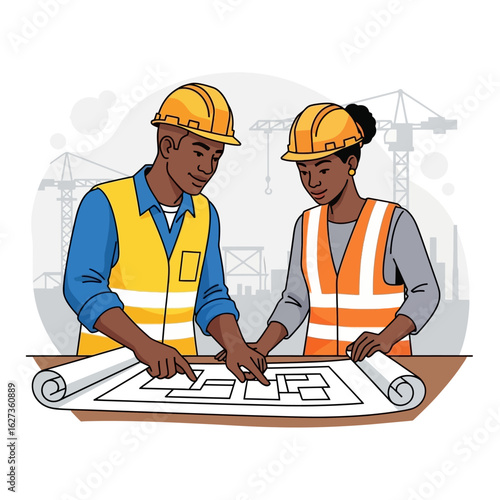 Two construction workers, a man and a woman, wearing hard hats and safety vests, collaborating on blueprints at a site.