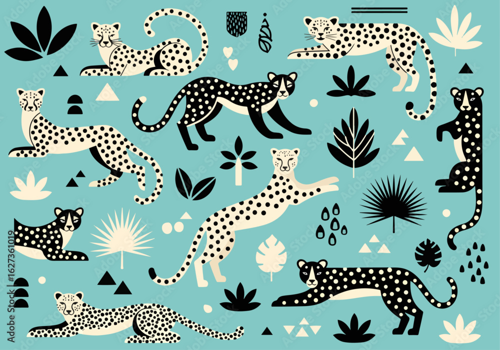 Obraz premium Graphic Leopard and Tropical Leaves Vector Pattern 