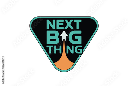 A graphic of a black triangle with rounded corners containing the words next big thing and an arrow