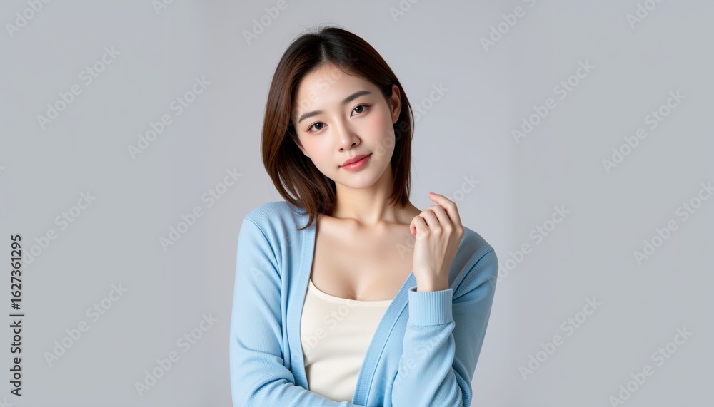 Obraz premium Hyperrealistic Portrait of a Woman with Elegant Casual Attire