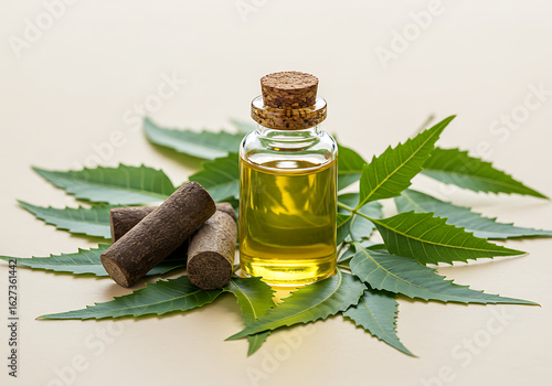 The power of neem: golden oil, bark, and leaves, illustrating its natural medicinal properties.

