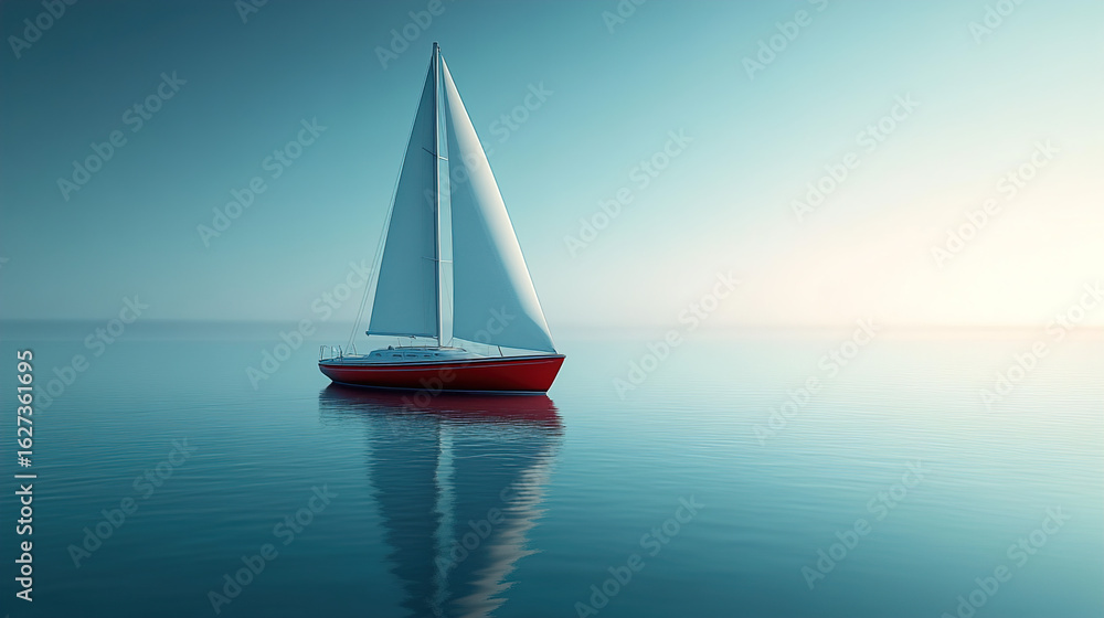 Fototapeta premium Peaceful sailing adventure with red sailboat reflecting on calm water surface