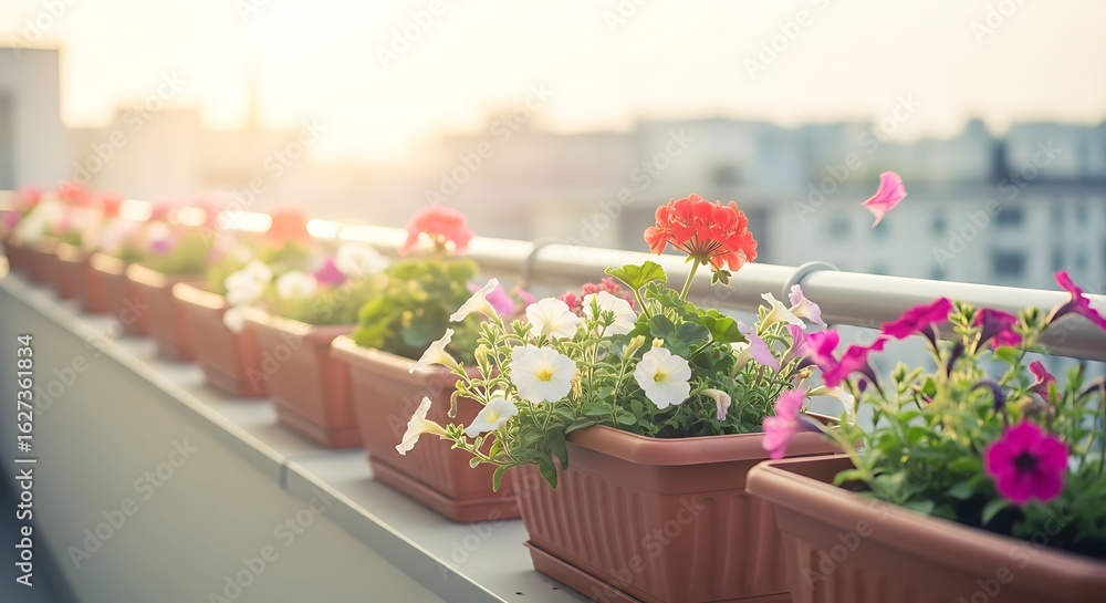 Fototapeta premium Flowers in Planter on Balcony with City View