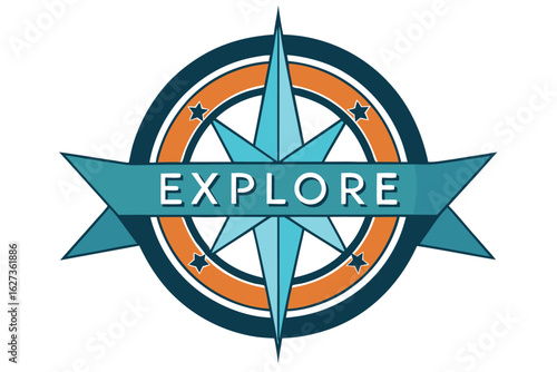 Retro compass badge with ribbon and text banner