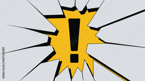 An exclamation point breaking through a gray surface with a yellow background and black outlines
