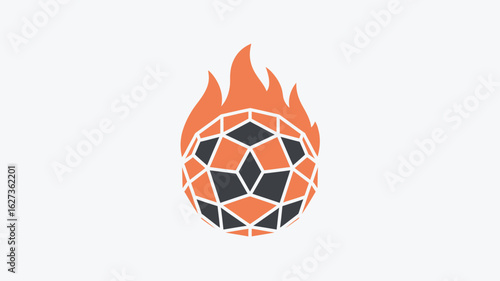 A stylized graphic of a geodesic sphere with orange flames emanating from the top on white background