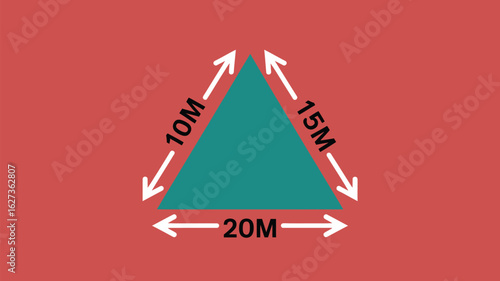 A teal triangle with dimensions ten meters, fifteen meters, and twenty meters on a red background