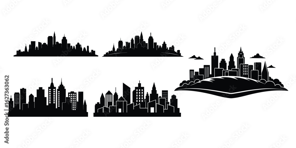 Obraz premium Modern city skyline silhouette collection featuring diverse architecture and urban landscapes