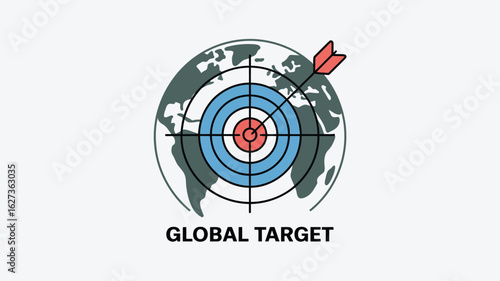 Illustration of a target with red arrow hitting the bullseye in front of a world map outline