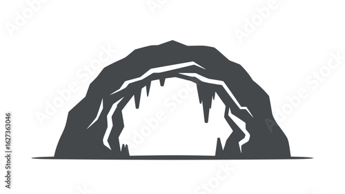 A simple graphic illustration of a dark gray cave entrance with stalactites on a white background