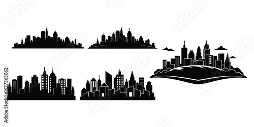 Modern city skyline silhouette collection featuring diverse architecture and urban landscapes