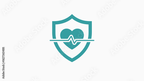 A teal shield containing a heart with an ekg line running through it on a white background image