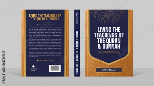 Islamic Arabic Style Blue Golden Book Cover Template Design with Abstract Mandala Pattern 