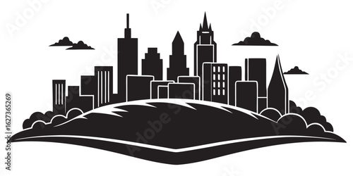 Urban cityscape silhouette at dusk with a vibrant sky and subtle building details