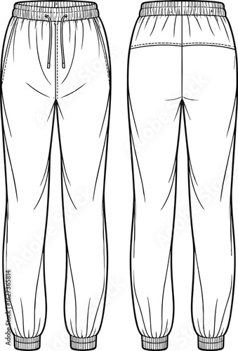Jogger pants technical drawing, front and back view, flat sketch, CAD illustration, fashion template, garment design, apparel mockup, clothing blueprint, elastic waistband