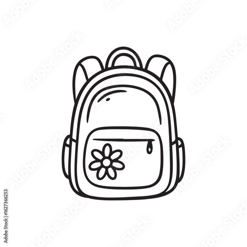 A cute doodle illustration of a school backpack with a flower, presented as simple black and white line art for coloring.