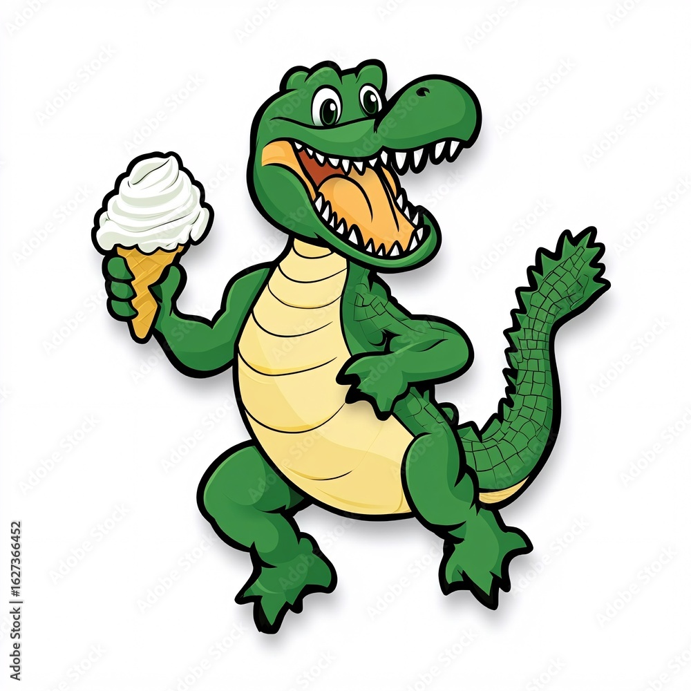 Fototapeta premium Happy Cartoon Crocodile Enjoying a Scoop of Ice Cream
