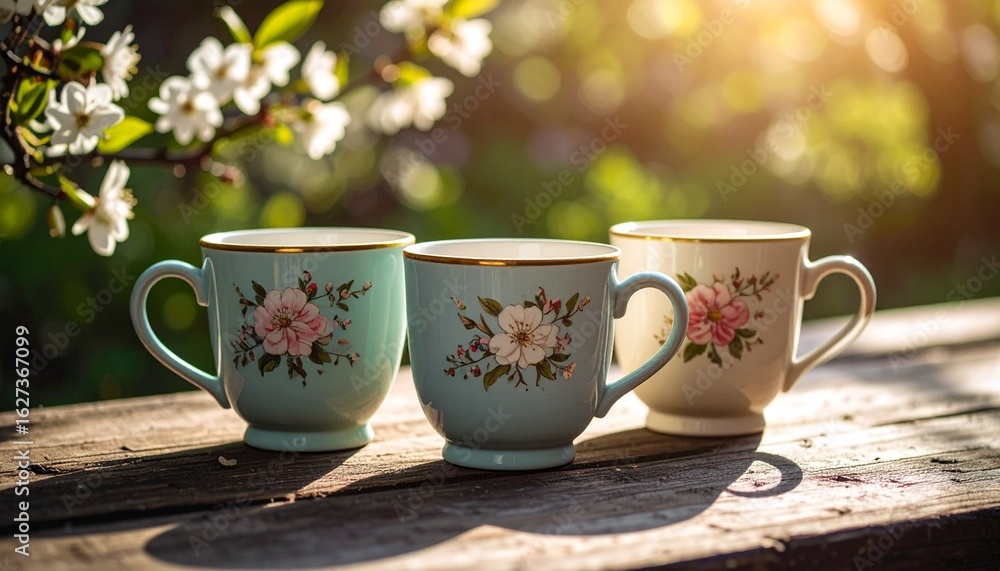 Fototapeta premium A charming trio of vintage pastel teacups with floral patterns on a rustic wooden table in a sunlit spring garden