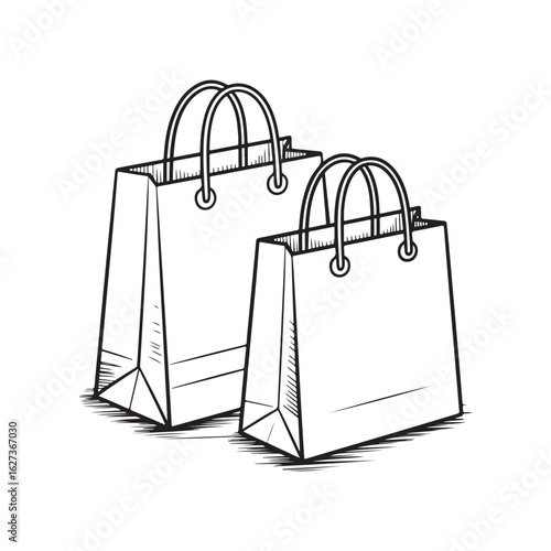 Hand-drawn sketch of two paper shopping bags. Isolated monochrome vector illustration for retail, commerce, and consumerism concepts.