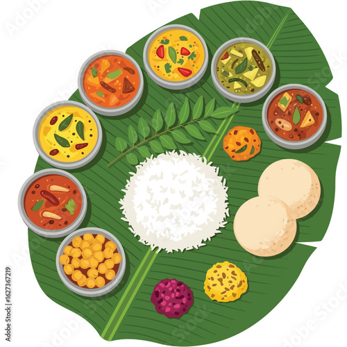 Vector art of vector illustration of a south indian thali meal with rice and various curries served on a banana leaf for lunch or dinner